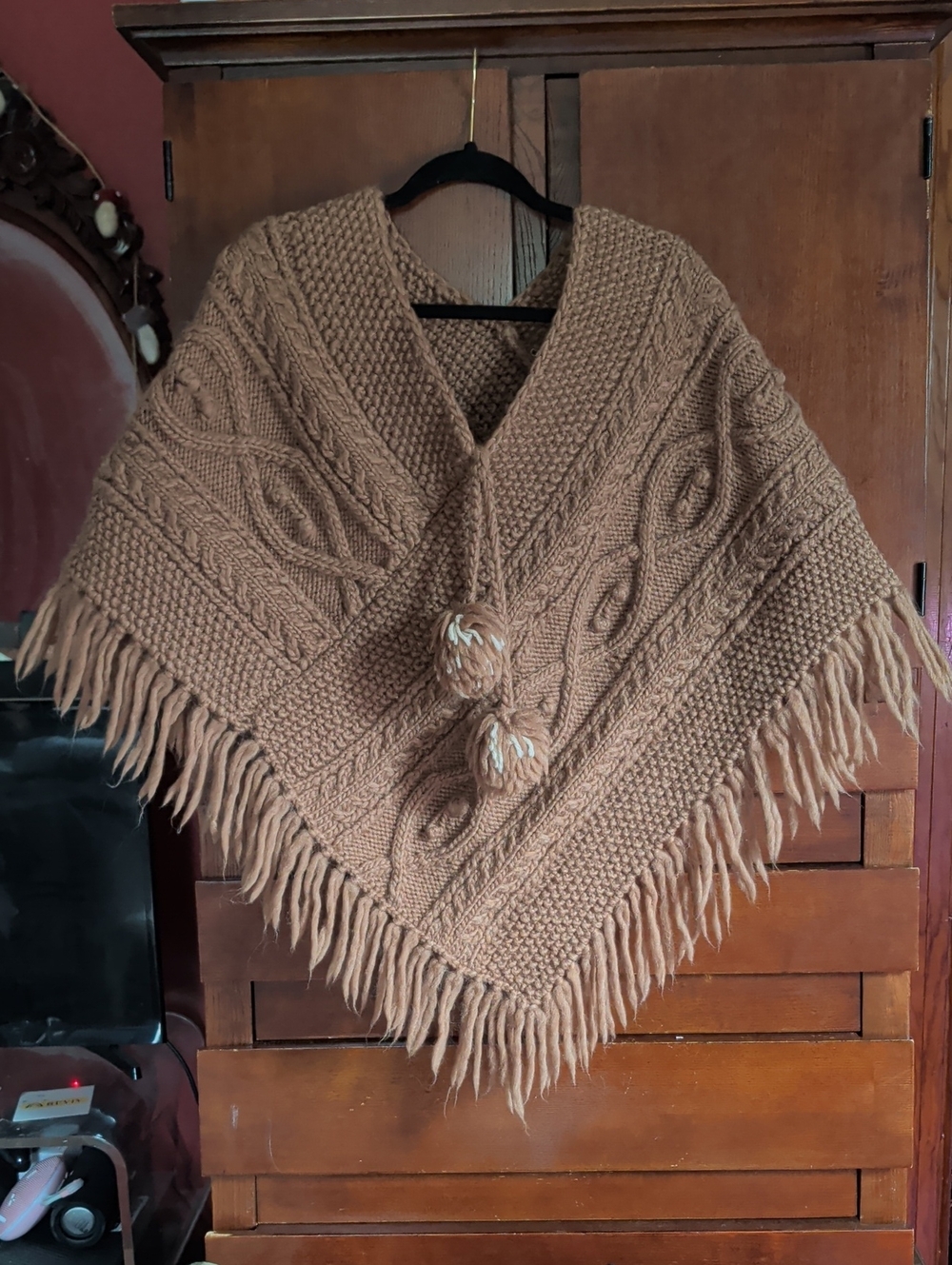 Handmade Fringed Cable Knit Poncho - Camel